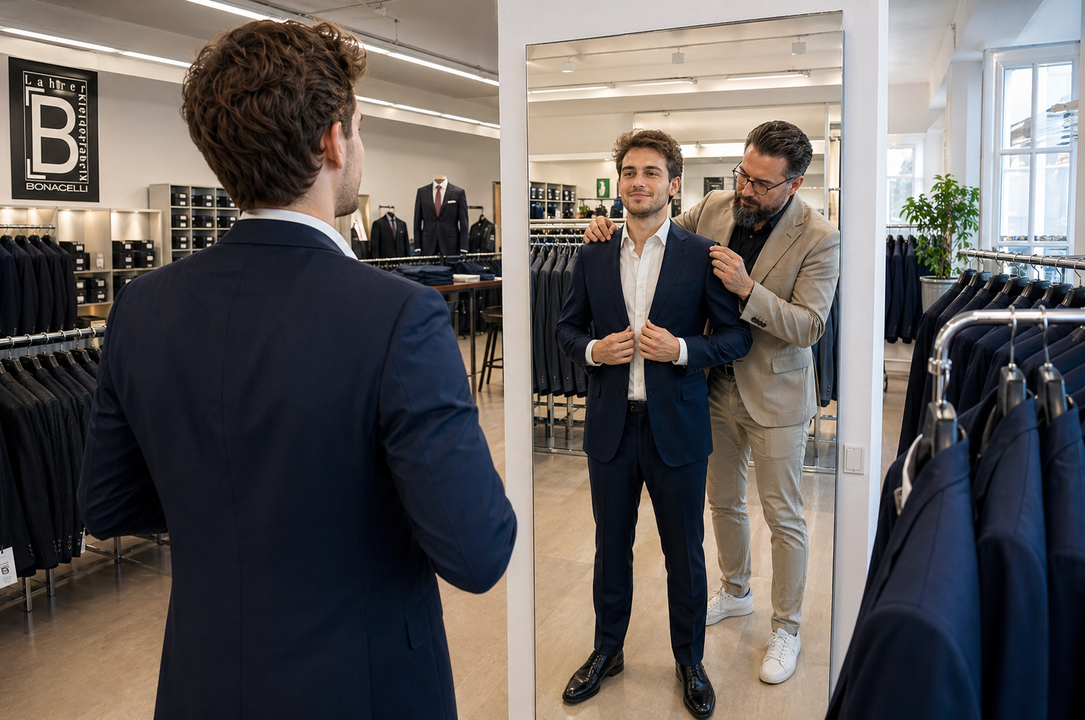 Anprobe eines Hochzeitsanzugs vor dem Spiegel im Bonacelli Factory Store