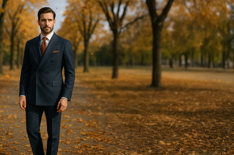 Maßgefertigter dunkelblauer Zweireiher aus Flanell im herbstlichen Park