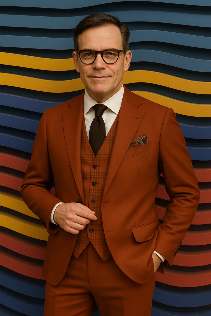 Stilvoll gekleideter Mann im rostfarbenen Anzug mit kariertem Westen-Set und Einstecktuch vor bunter Wellenwand auf der Herrenmodemesse Pitti Uomo.